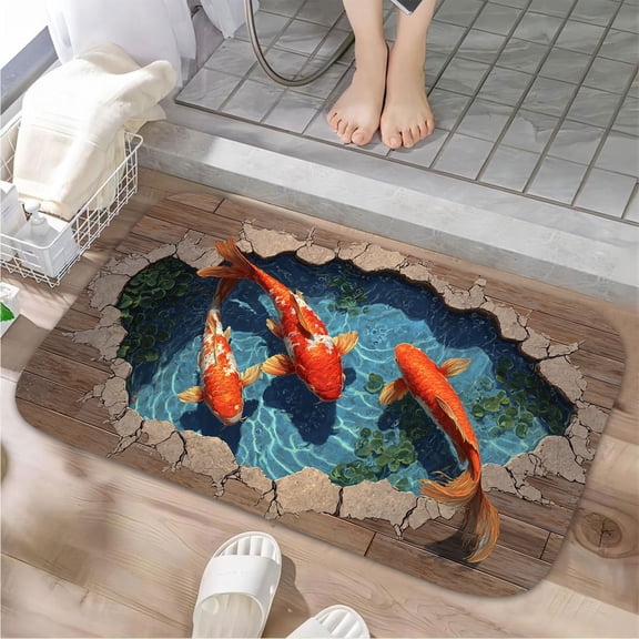 1pc Koi Fish in a Hole Absorbent Non-Slip Bathroom Thickened Flannel Rug Decor,Soft,Quick Drying,Suitable For Indoor/outdoor Use,Bathrooms,Bedrooms,Kitchens,Terrace,Laundry Rooms,16"x24"