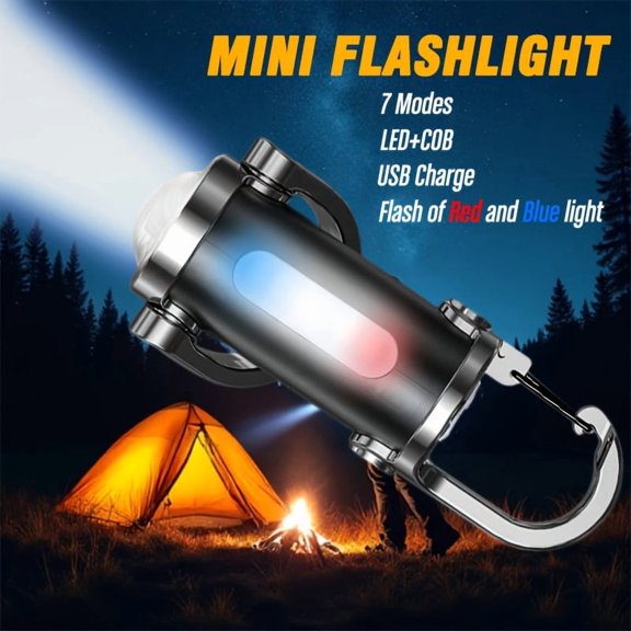 1pc LED Portable Keychain Mini Flashlight, Multifunctional Flashlight Type-C Rechargeable Floodlight, 7 Switchable Lighting Modes, Strong Light Mini Keychain Flashlight for Camping, Emergency