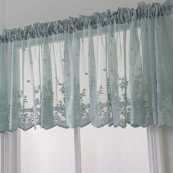 1pc Lace Kitchen Valances Curtains, HOMEIORA Vintage Semi-Sheer Voile Window Valance, 29" x 35", Blue
