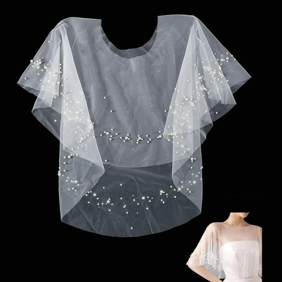 1pc Lady Tulle Collars Bridal Shawl with Imitation Pearl & Rhinestone White 470x490x0.2mm