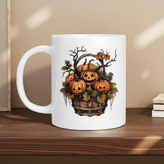 1pc Large 15oz 11oz Ceramic Mug with Wicker Basket Style Autumn Harvest Design White Coffee Cup with Brown Rim Realistic Smiling Face Leaf Smiling Pum