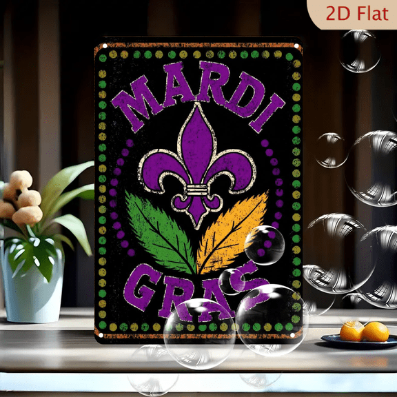 1pc Large 8x12 Inch Mardi Gras Metal Sign - Vibrant Green, Golden, Purple Black Fleur-de-Lis Beads Design - Waterproof Rustproof Durable OutdoorIndoor Decoration for Mardi Gras Party Decorations