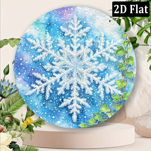 1pc Large 8x8 Inch Round Snowflake Wall Decor - Winter Hanging Decoration with Blue White Watercolor Snowflakes, Resistant Metal Art for Indoor_Outdoor Christmas, New Year, Home