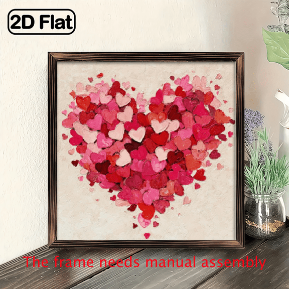 1pc Large 8x8 Inch Rustic Farmhouse Wooden Heart Wall Plaque - Pink Red Smal Hearts Painting Art, Horizontal Framed Valentine's Day Sign for Cafe, Office - Perfect WeddingAnniversary Gift