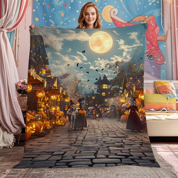 1pc Large Bat & Witch Flannel Blanket - Soft Plush Golden Foil Printed Witches, Bats & Castle-like Castle Design (No Houses) & s, All-Season Cozy Bedspread, Travel, Camping, Christmas/Halloween Gift