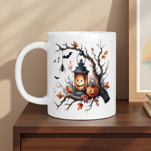 1pc Large Capacity 15oz 11oz Gothic Ceramic Coffee Mug White Spooky Jack O Lantern Bats Design with Black Branches Heat Resistant Halloween Tea Cup Dishwasher s Lantern on Dead Tree Pattern
