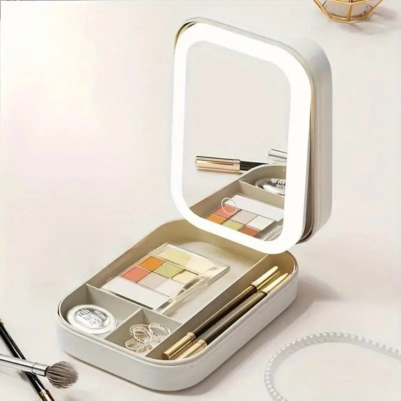 1pc Large Capacity Travel Makeup Case with LED Light and Built-in Mirror - Foldable  Dresser Mount  Glass Surface  Powder Coated Finish  USB Charging  1000mAh Battery - Durable Cosmetic S
