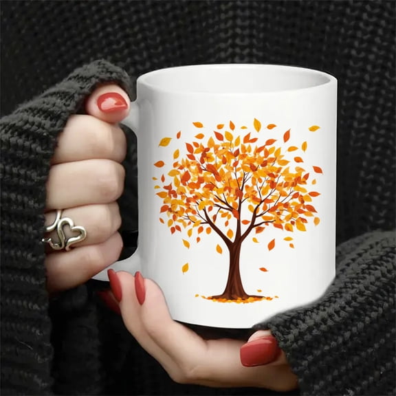 1pc Large Ceramic Mug with Autumn Tree Design - 3.7x3.2 Inch Clear Textured Coffee Cup, Tea Cup for Hot/Cold Drinks, Durable & Hand-Washable, Perfect Fall Gift for, Office, or Use