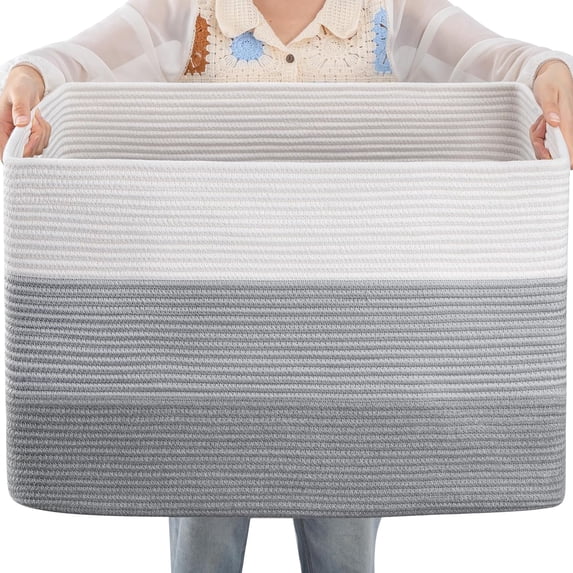 1pc Large Cotton Rope Basket, Rectangle Woven Baskets for Storage, Nursery Blanket Storage Living Room, Toy Basket With Handle-16.93x21.65x12.01inch-Gradient Gray