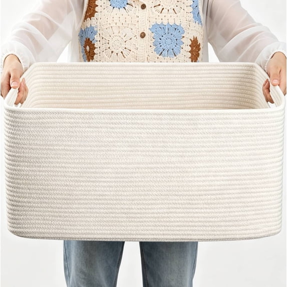 1pc Large Cotton Rope Basket, Rectangle Woven Baskets for Storage, Nursery Blanket Storage Living Room, Toy Basket With Handle-16.93x21.65x12.01inch-White
