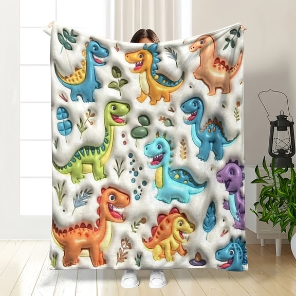 1pc Large Dinosaur Blanket - Soft Plush Flannel Bedspread with T-Rex, Stegosaurus & Triceratops Print, Room Decor, Cozy Couch Bed Camping Gift for & (Multicolor Dinosaur Patterns)