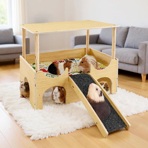 1pc Large Double Layer Wooden Guinea Pig Hideaway Castle with Stairs - Sturdy Multi-Level Small Pet Bed for Hamsters, Chinchillas & Rabbits, Easy to Assemble Play Zone