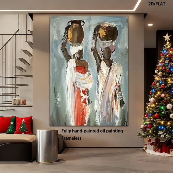1pc Large Hand-Painted Abstract Oil Painting on Canvas-Like ABS Panel - African-Inspired Portrait with Vases, Beige/Brown/Red/White/Black/Pink Hues, Modern Minimalist Luxury Wall Art for
