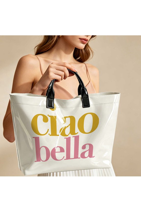 1pc Large Pink Ciao Bella Graphic Printed Tote Bag, Work School Travel Outings, Trendy Top Handle Bag, Thanksgiving & Christmas Gifts