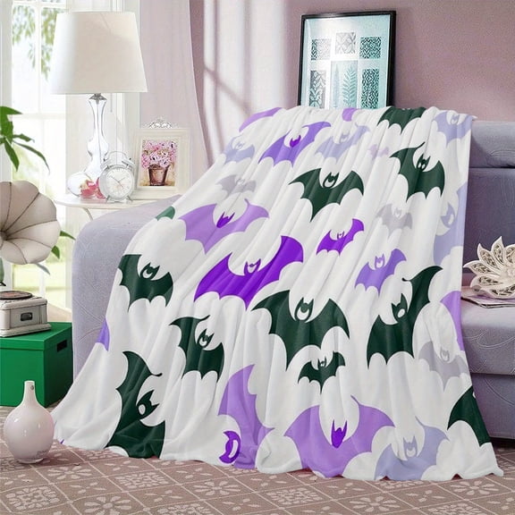 1pc Large Plush Flannel Bat Blanket - Ultra-Soft & Warm White with Black/Purple/Green Bat Silhouettes, Pink Bubbles & Moons - All-Season Cozy Throw for Bed, Sofa, Travel - Multi-Size (50x40, 60x50, 8
