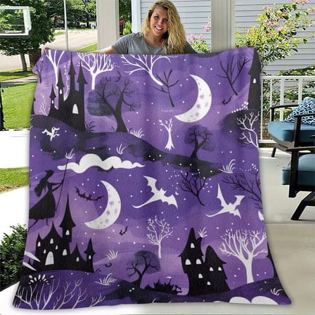 1pc Large Plush Flannel Halloween Witch & Bat Castle Blanket - Soft Purple & Black Gothic Bedspread with Witches, Bats, Haunted Houses, Castles - Cozy Throw for Bed, Couch, Travel (50x40/60x50/80x60)