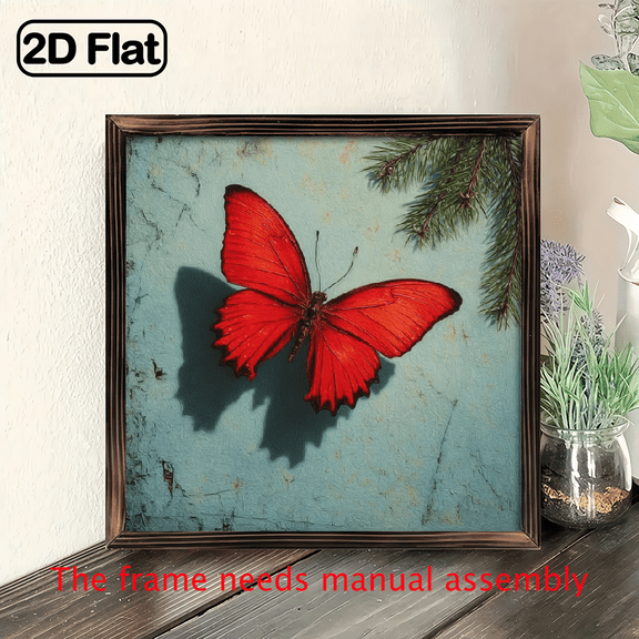 1pc Large Red Butterfly Framed Wall Art 8x8inch Frame, Turquoise Blue Red Gothic Farmhouse Decor, Rustic Elegant Butterfly Sign for Bedroom, Porch, Cafe, Bar Easy-Hang Square,