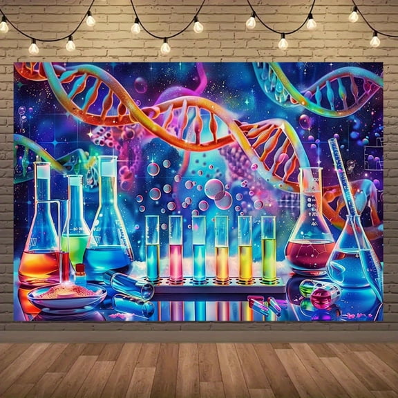 1pc Large Science Lab Backdrop tapestry- Colorful DNA & Chemical Beakers Design, Durable Polyester Fabric for STEM Photo Booths, Birthday/Anniversary/Wedding Decor, Indoor/Outdoor Party Decorations