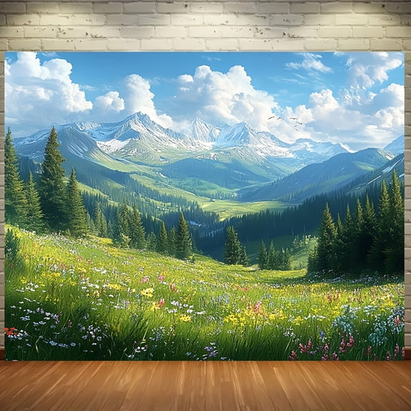 1pc Large Spring-Themed Blooming Flowers & Mountain Landscape Photography Backdrop - Durable Polyester Fabric, No Power Needed, Easy to Hang - Ideal for Holiday Atmosphere & Garden Decor