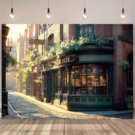 1pc Large Victorian London England Cobblestone Street Backdrop - Jennie Lane Inspired British Pub & Shop Display with British Flag & -Fashioned Street Lamps - Heavy-Duty Wrinkle-Resistant Fabric