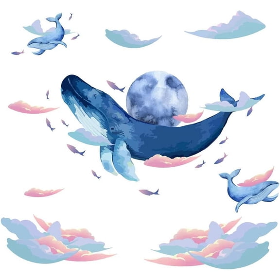 1pc Large Whale Wall Decals Colorful Whale in The Sky Clouds Wall Sticker DIY Peel and Stick Removable Murals Stickers for Bedroom Nursery Living Room Decoration