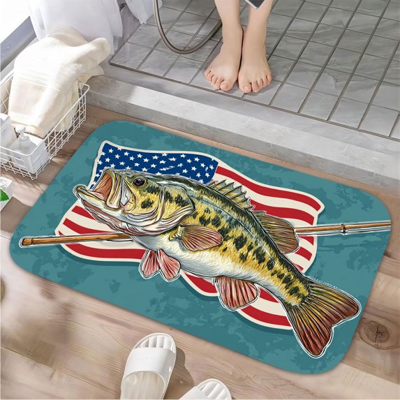 1pc Largemouth Bass and Fishing Absorbent Non-Slip Bathroom Thickened Flannel Rug Decor,Soft,Quick Drying,Suitable For Indoor/outdoor Use,Bathrooms,Bedrooms,Kitchens,Terrace,Laundry Rooms,16"x24"