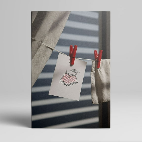 1pc Laundry - themed Canvas Wall Art with Drawings of Underwear on a Clothesline, Red Clothespins and Fabric, framed Decor room hanging Wall Picture Decor for Home Gifts, living room, bathroom,