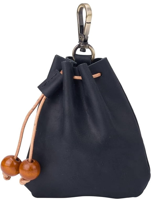 1pc Leather Mini Pouch Keychain Coin Purse Drawstring Pouch for Men & Women Black 12.5x10.6x2.1cm