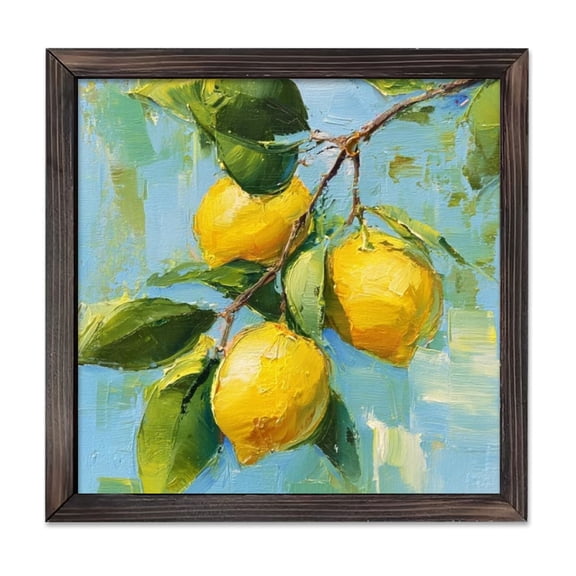 1pc Lemon Branch Oil Painting Art Print, 8x8 Inch Wooden Framed Decorative Plaque Hanging Sign, Modern Vibrant Citrus Fruit Wall Decor for Kitchen Dining Room Living Room Bedroom Office, Uniq