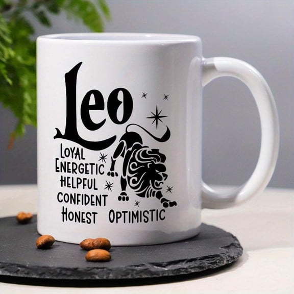 1pc Leo Zodiac Sign Mug 11oz White Ceramic Coffee Cup with Leo Symbol Astrology Traits Loyal Confident Optimistic Dishwasher Leo Housewarming Colleagu