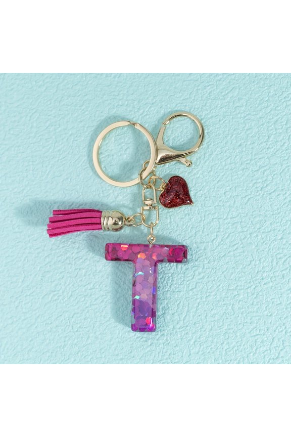 1pc Letter Car Keychain, Beautiful Purple-Red Tassel Heart A-Z Letter Keyring, Novel Key Lanyard Decoration for Women, Wallet, Backpack, Pendant Accessory, Car Keychain, Creative Gift
