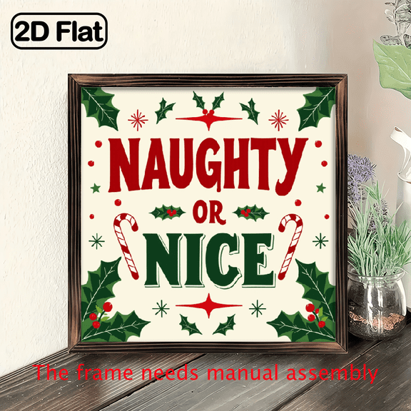 1pc Lewd Or Nice Wooden Christmas Sign- 8x8inch Farmhouse Wall Art with Holly And Berries Rustic Holiday Decor for Living Room, Bedroom, Office- Indoor Tabletop Or Wall Hanging, Classic Style