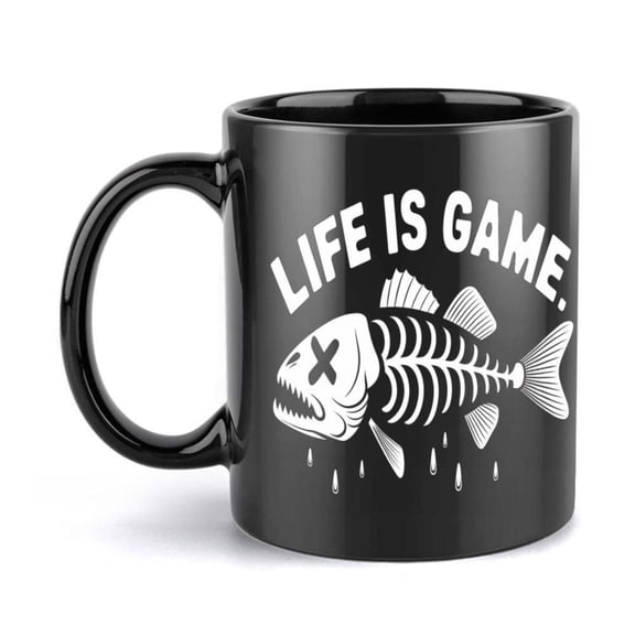 1pc Life is Game Fishbone Design Ceramic Mug 11oz Black Coffee Cup with White Fish Skeleton Raindrop Art Hand Wash Only Unique Birthdays Holidays Weddings Office Home Use