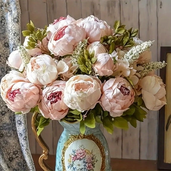 1pc Lifelike 13 Stems Champagne Peony Flower - Artificial Flowers Peonies Bouquets for Wedding Party Table Centerpieces Floral ArranSynthetic Gemstoneent Home Office Kitchen Decorations