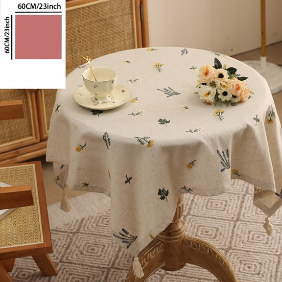 1pc Light Luxury Thick Linen Embroidered Wheat Ear Round Tablecloth Tea Table Cover Cloth Countryside Linen Cream Rectangular with Ear Tablecloth,W23in*H23in