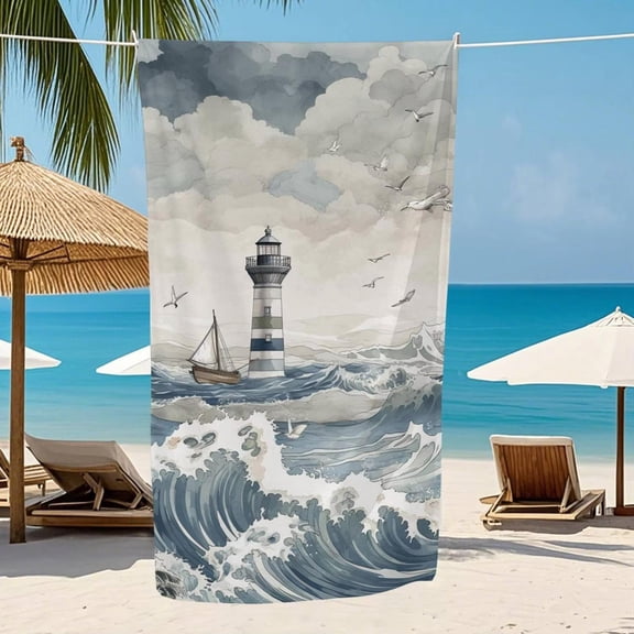 1pc Lighthouse and Waves Beach Towel - Polyester Fabric, Machine Washable, Suitable for Pool and Beach Bathroom Decoration