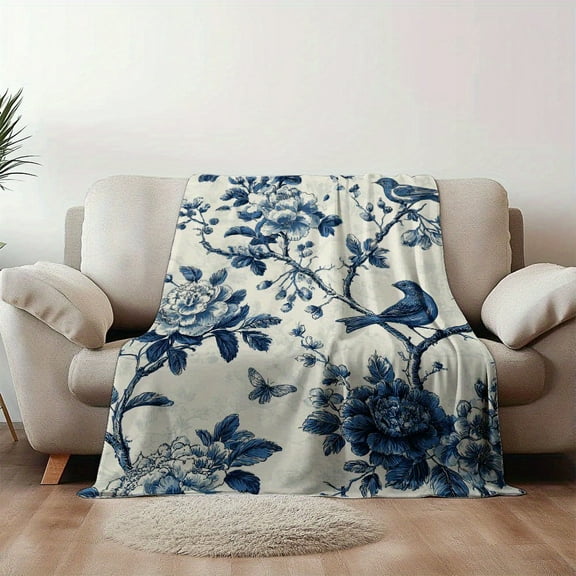 1pc Lightweight Flannel Blanket - Blue Birds & Blossoms Vintage Floral Print, Soft All-Season Throw for Home, Car, Camping, Office - Cozy Decorative Bedding Accessory, Blanket for Bed, Car Comfort It