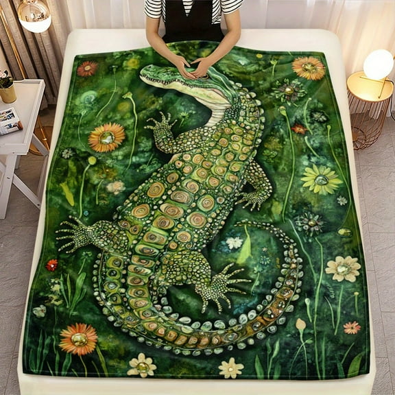 1pc Lightweight Flannel Blanket - Soft Warm All-Season Throw with Realistic Green Crocodile & Floral Jungle Design (Orange/Yellow/White Flowers) - for Bed, Sofa, Camping, Office - Modern Home Decor -