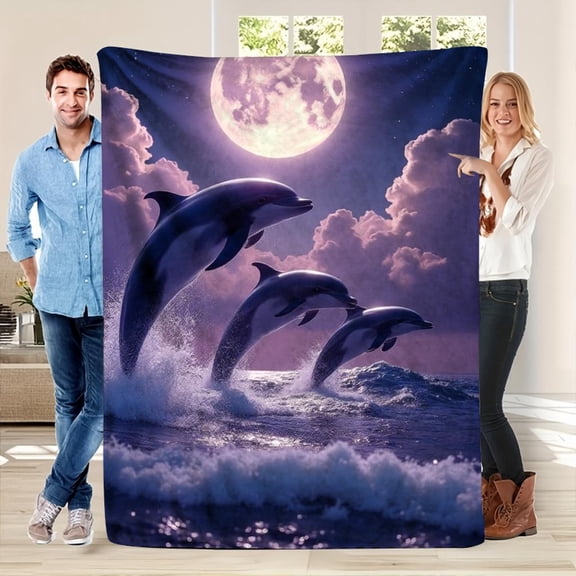 1pc Lightweight Flannel Dolphin Moon printing Blanket - Vibrant Purple & Blue Dolphin Leaping Under Moon & Stars Print, Soft Cozy All-Season Throw for Sofa