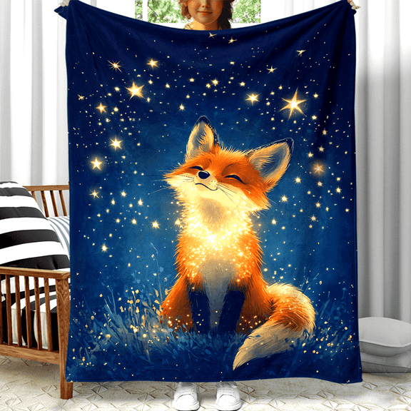 1pc Lightweight Fleece Fox Under the Stars Flannel Throw Blanket Digital Printing for Sofa Bed Travel Camping Living Room Office Couch Chair and Bed