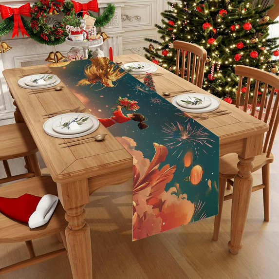 1pc Linen A golden dragon flying in the sky surrounded by auspicious clouds and lanterns Party Decoration, Gift, Holiday Decorations, Room Decor, Scene Decor Dining Table Decoration