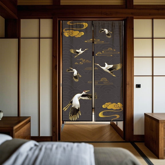 1pc Linen Door Curtain Red-crowned Crane Pattern Black 1500x850mm Linen