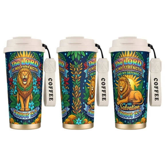 1pc Lion Coffee Mug 18oz Majestic King Lion & Inspirational Scripture, Spill-proof Stainless Steel Cup