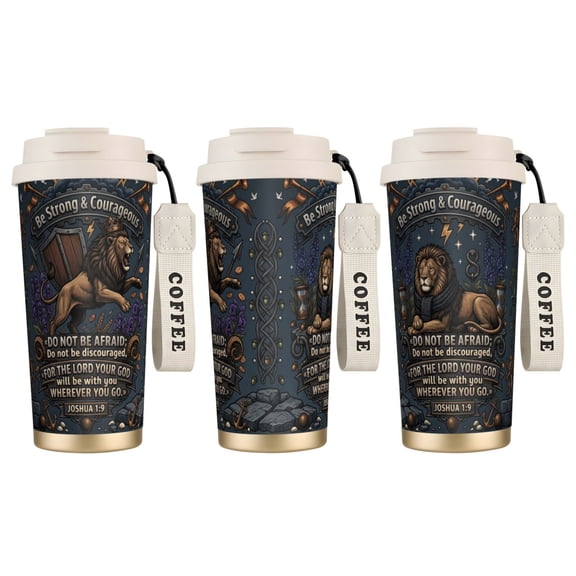 1pc Lion Coffee Mug 18oz Noble Lion Portrait with Scripture, Leak-proof Holiday Gift for Christian