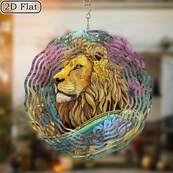 1pc Lion Wind Spinner Hanging Ornament Golden-Brown Lion Floral Pattern in Purple, Blue, Green Durable Iron Construction for IndoorOutdoor Decoration Thanksgiving, Christmas, Halloween
