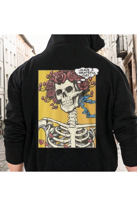 1pc Liquid Blue Unisex-Adult Standard Dead Pop Art Bertha Have A Grateful Day Ss Hoodies - Casual Cotton Knit With Geometric Pattern, Regular Fit, Pullover With Hood, Elastic Detailing, Men'S Casual