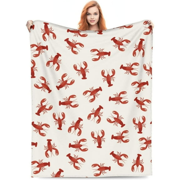 [1pc Lobster Print Flannel Throw Blanket] 1pc Vintage Lobster Print Flannel Throw Blanket, Hypoallergenic, All-Season, Multipurpose, Soft Plush Knitted Polyester