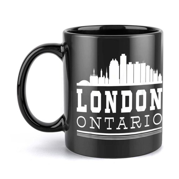 1pc London Ontario Cityscape 11oz Ceramic Coffee Mug Black with White Text Skyline Design Reusable Hand Wash Only Friends Family All Season Use Coffee Bar Accessories