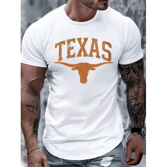 1pc Longhorn TEXAS 180g Pure100% Cotton Men's T-Shirt,Comfort Fit, Homme Street Life Graphic Tee, Daily Wear,Summer Top,School, Streetwear, Casual, Fashionable