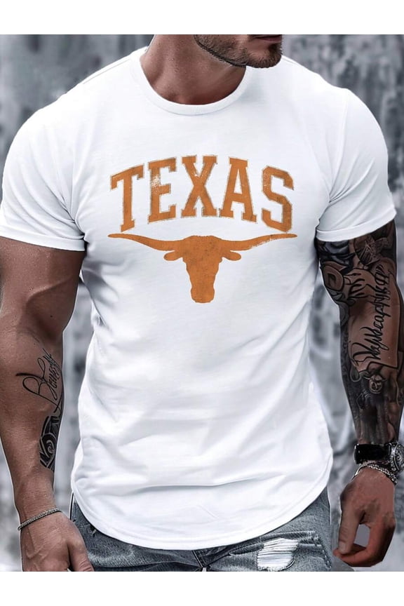 1pc Longhorn TEXAS 180g Pure100% Cotton Men's T-Shirt,Comfort Fit, Homme Street Life Graphic Tee, Daily Wear,Summer Top,School, Streetwear, Casual, Fashionable
